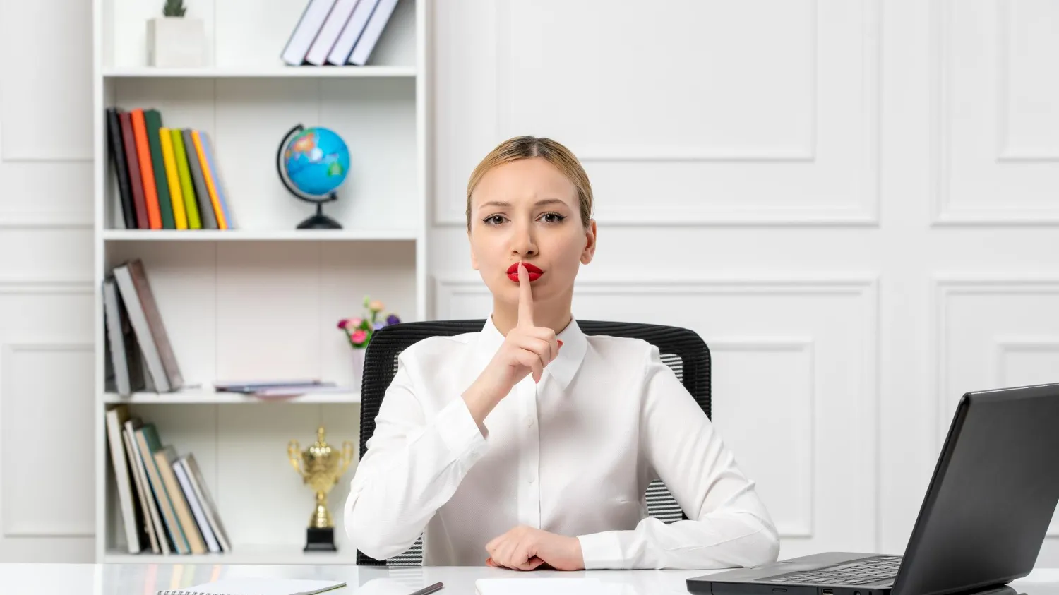 A woman at a desk with a laptop, thoughtfully resting her finger on her lips, pondering job hunting while employed.