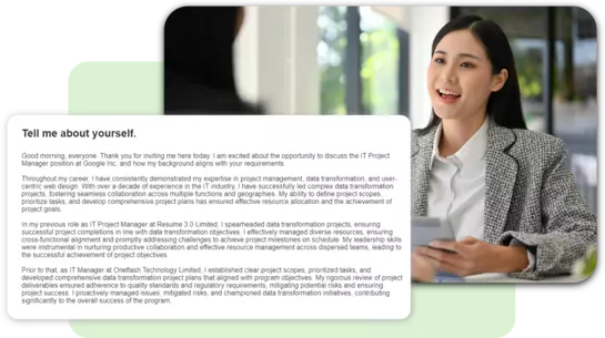 Confident Asian woman answering questions during a job interview with an AI-generated interview cheat sheet visible