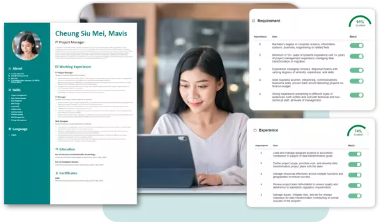 Asian woman using a computer to write her resume and tailor it to match the job description with an AI Resume Builder