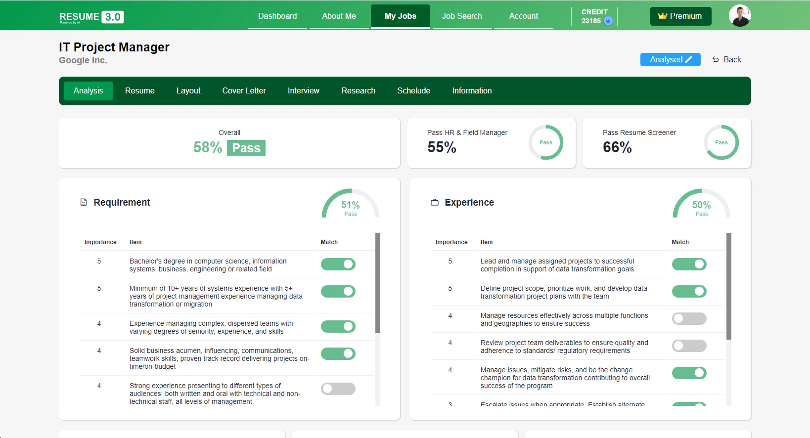 Job description analysis feature on Resume 3.0, where users receive detailed compatibility insights for a targeted job opening